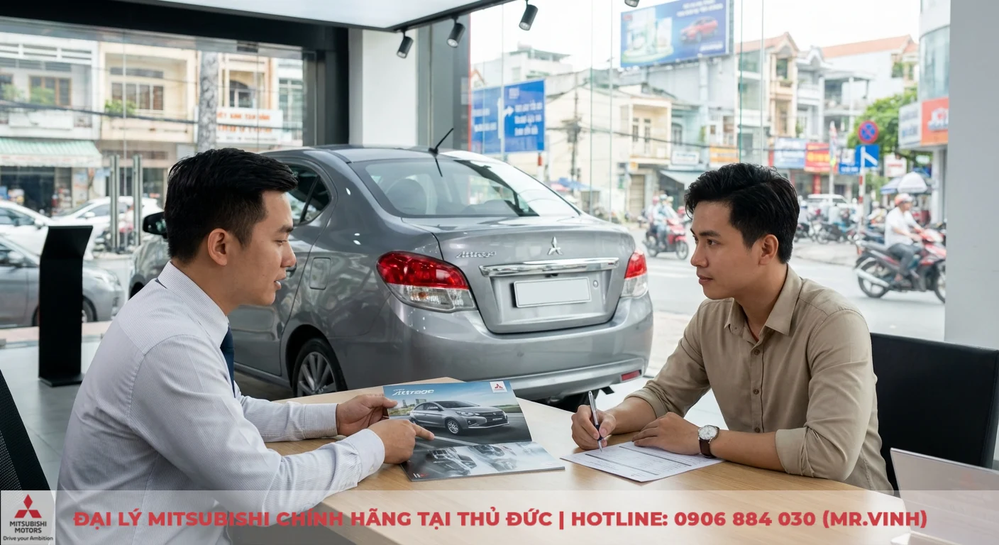 Kh&aacute;ch h&agrave;ng tiềm năng đang điền biểu mẫu đăng k&yacute; Attrage 2026 c&ugrave;ng nh&acirc;n vi&ecirc;n tư vấn tại showroom Mitsubishi