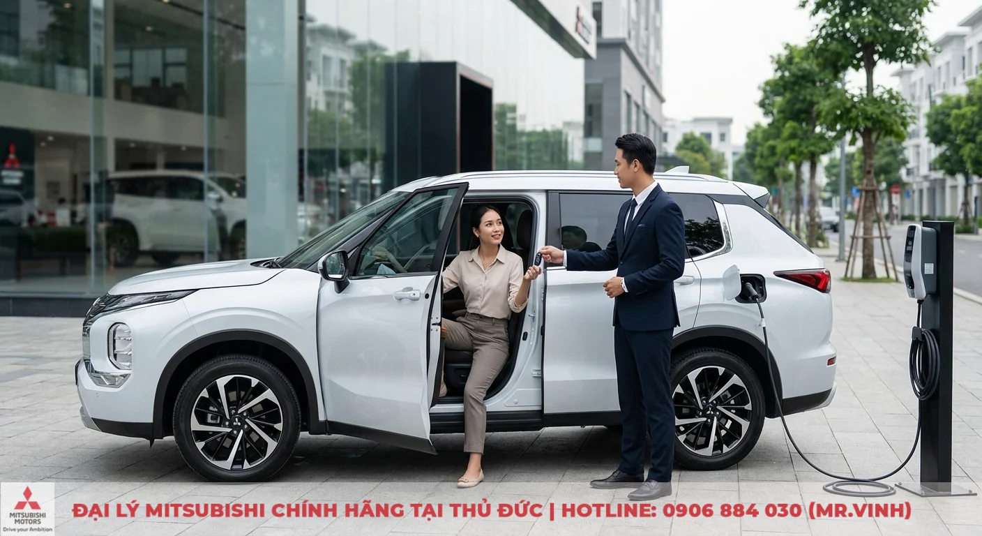 Người đ&agrave;n &ocirc;ng trao ch&igrave;a kh&oacute;a cho người phụ nữ đang bước ra từ &ocirc; t&ocirc; SUV điện trắng đang sạc, ph&iacute;a trước một showroom v&agrave; khu phố
