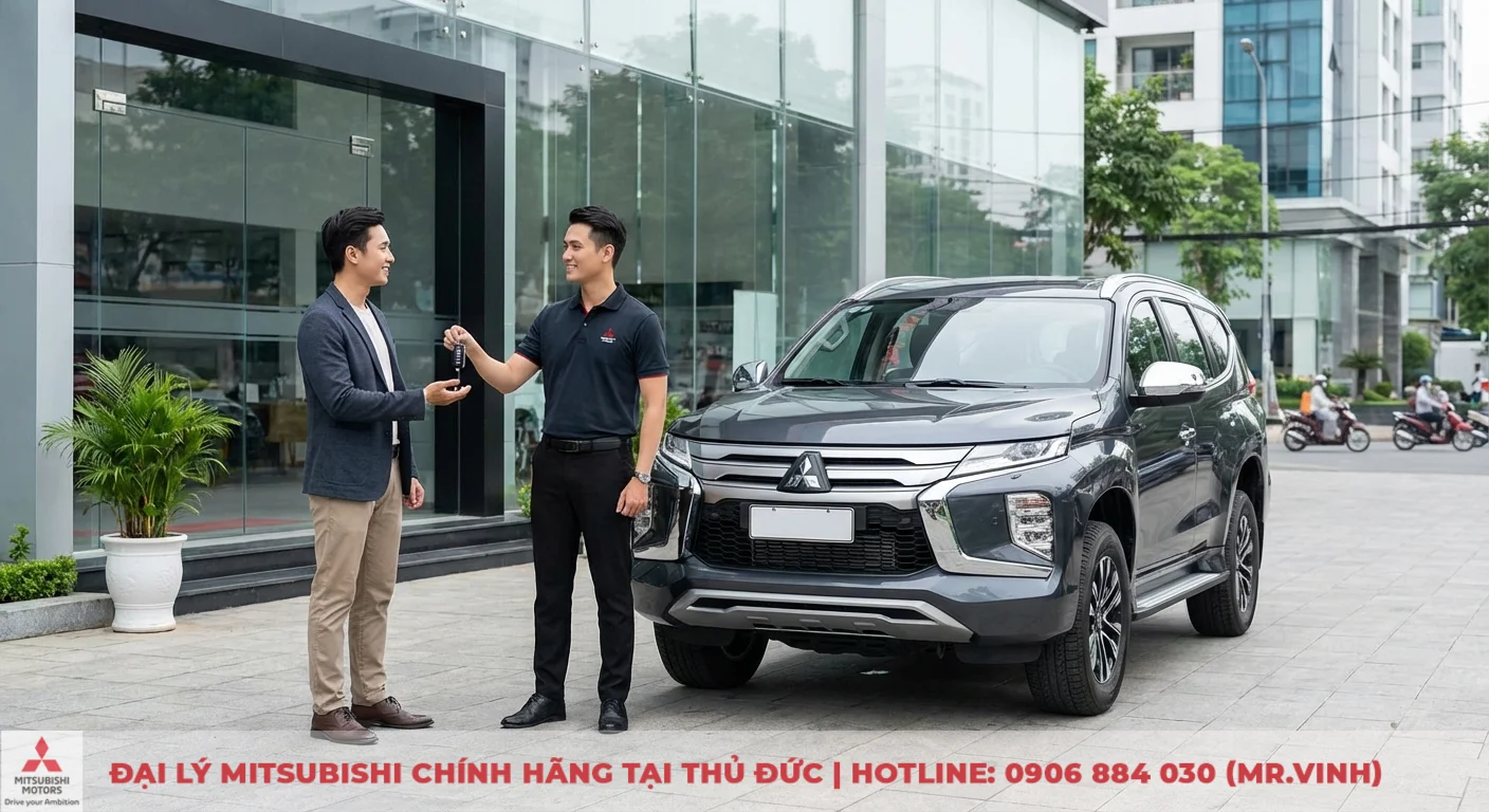 Một kh&aacute;ch h&agrave;ng nhận ch&igrave;a kh&oacute;a xe Mitsubishi SUV m&agrave;u x&aacute;m từ nh&acirc;n vi&ecirc;n tại đại l&yacute;, sẵn s&agrave;ng cho trải nghiệm l&aacute;i thử