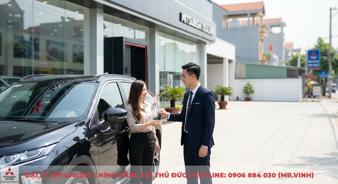 Cảnh b&agrave;n giao ch&igrave;a kh&oacute;a xe, nh&acirc;n vi&ecirc;n đại l&yacute; Mitsubishi trao ch&igrave;a kh&oacute;a cho kh&aacute;ch h&agrave;ng nữ b&ecirc;n cạnh xe SUV đen