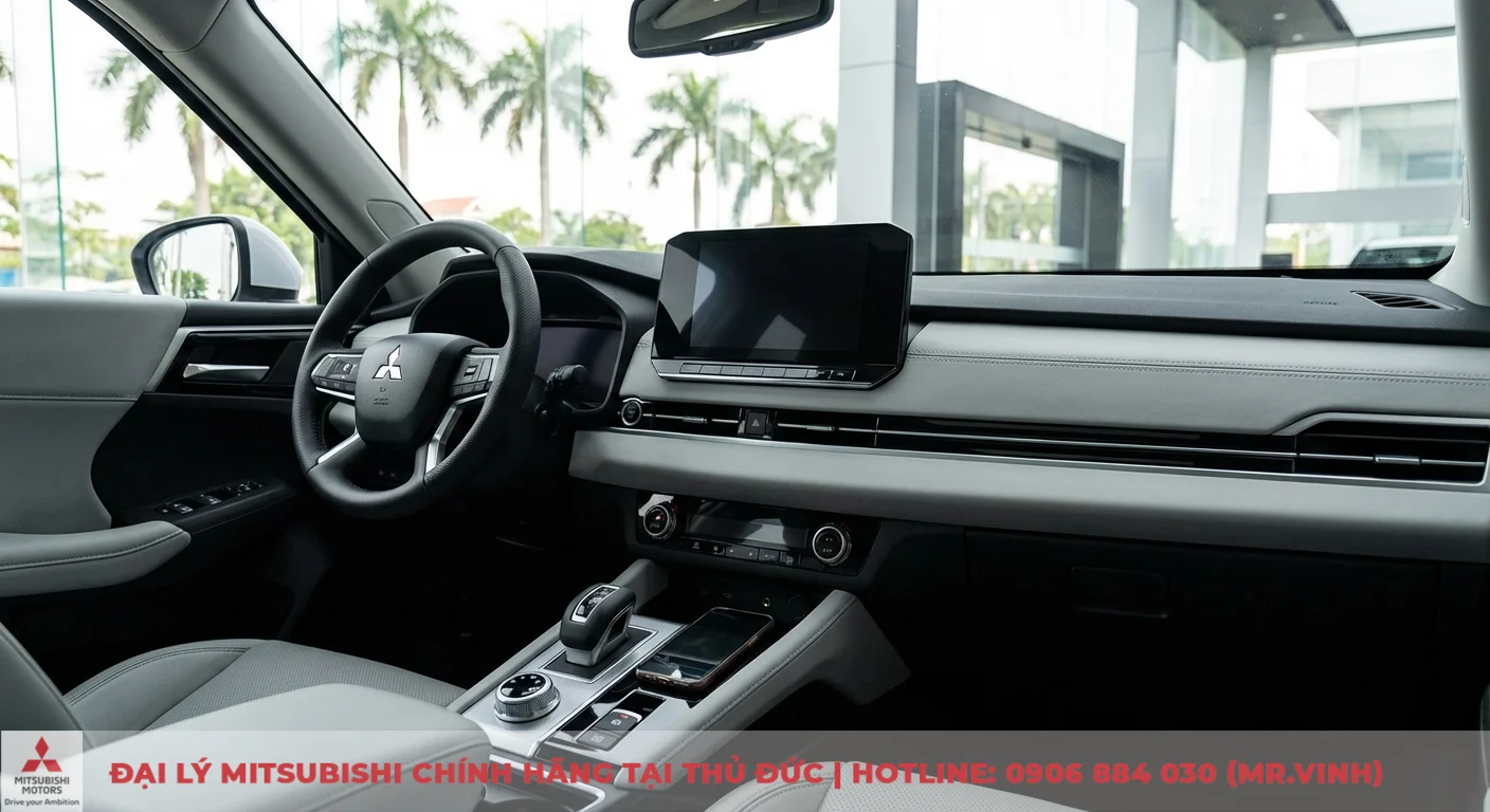 Khoang l&aacute;i hiện đại t&ocirc;ng m&agrave;u x&aacute;m với v&ocirc; lăng, m&agrave;n h&igrave;nh giải tr&iacute; lớn, sạc kh&ocirc;ng d&acirc;y v&agrave; phanh tay điện tử