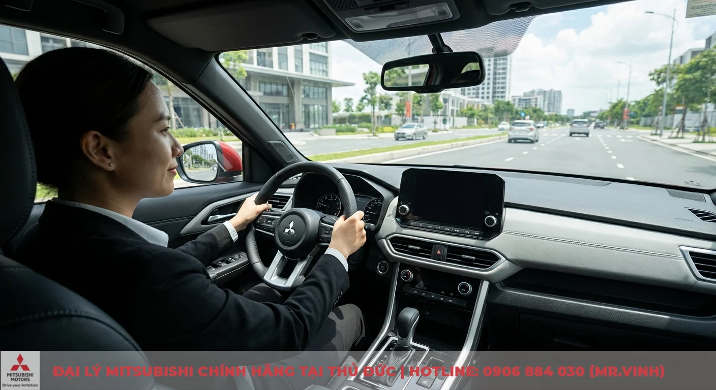 Người l&aacute;i trải nghiệm nội thất hiện đại v&agrave; vận h&agrave;nh &ecirc;m &aacute;i của Mitsubishi Xforce 2024 tr&ecirc;n đường đ&ocirc; thị