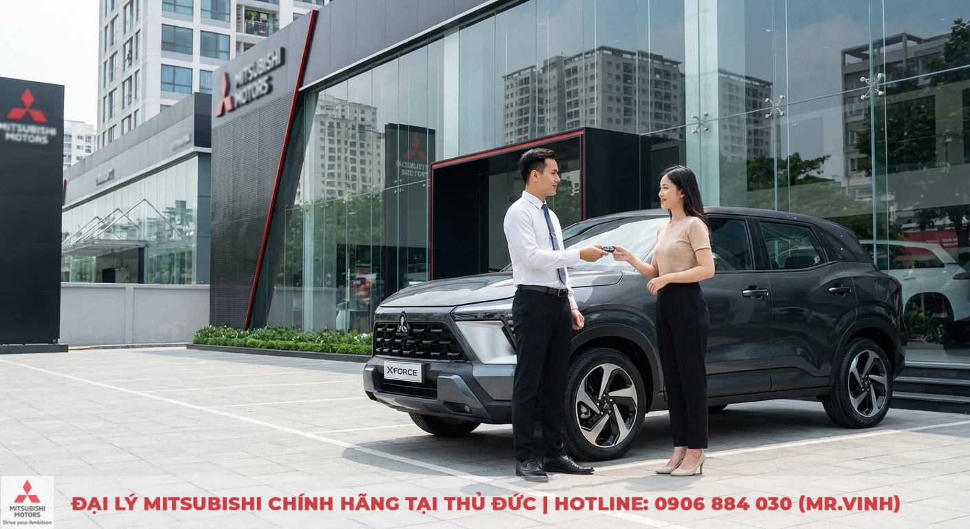 Mitsubishi Xforce m&agrave;u x&aacute;m tại showroom S&agrave;i G&ograve;n 3S Thủ Đức, nh&acirc;n vi&ecirc;n b&agrave;n giao ch&igrave;a kh&oacute;a cho kh&aacute;ch h&agrave;ng l&aacute;i thử