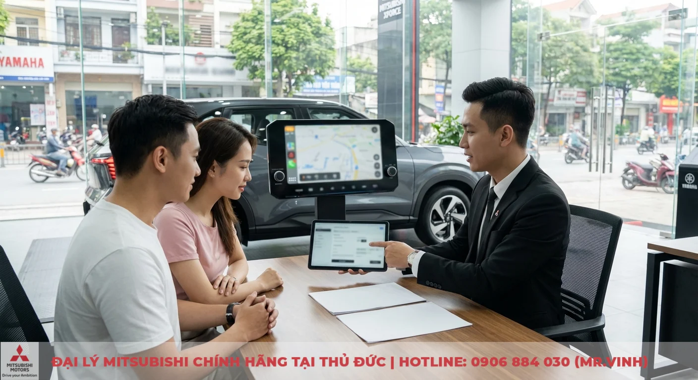 Kh&aacute;ch h&agrave;ng được tư vấn về Mitsubishi Xforce, t&igrave;m hiểu t&iacute;nh năng nổi bật tr&ecirc;n m&agrave;n h&igrave;nh v&agrave; nhận b&aacute;o gi&aacute; lăn b&aacute;nh