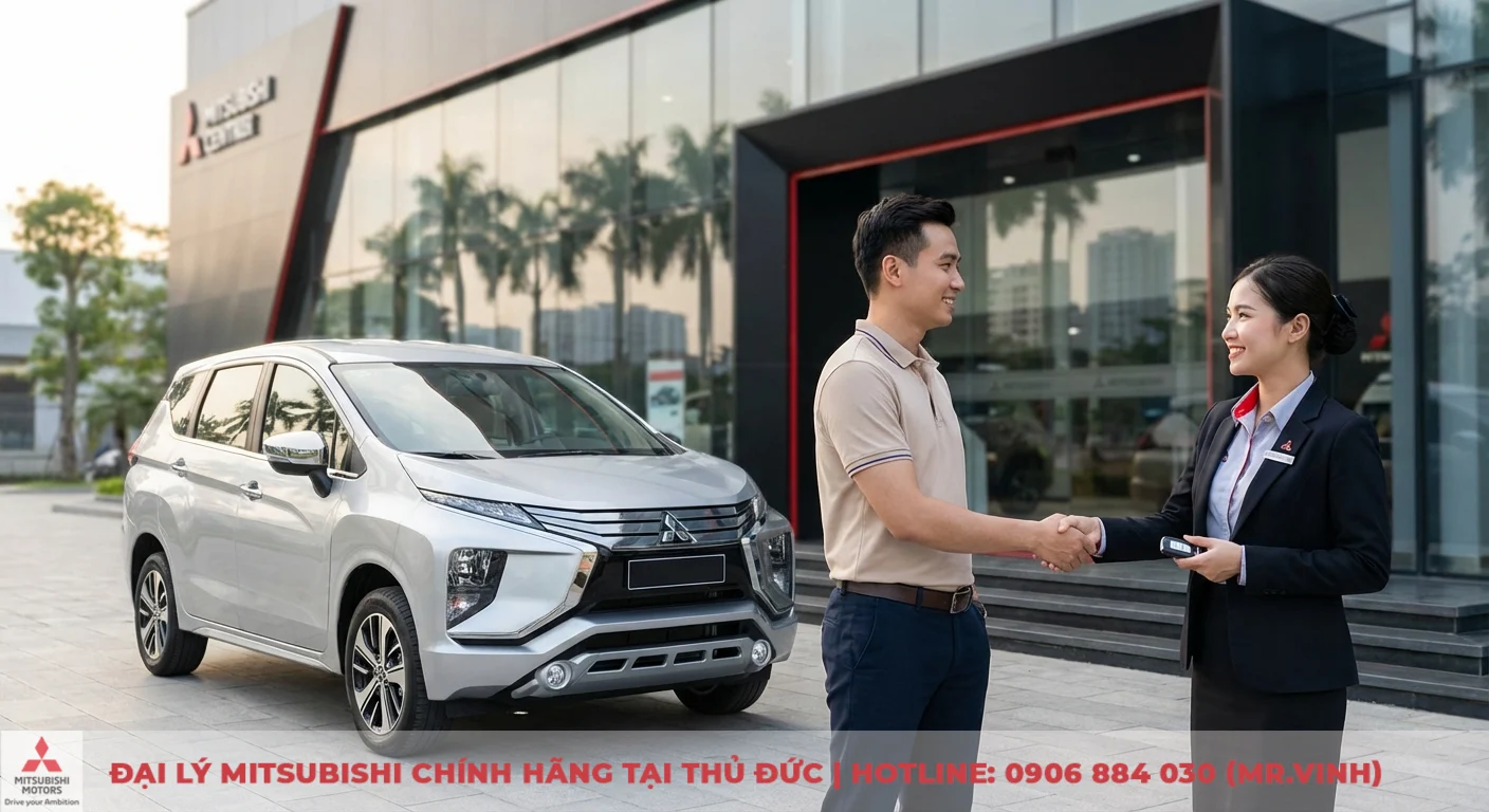 Kh&aacute;ch h&agrave;ng nhận ch&igrave;a kh&oacute;a Mitsubishi Xpander từ chuy&ecirc;n vi&ecirc;n tư vấn, ho&agrave;n tất quy tr&igrave;nh l&aacute;i thử