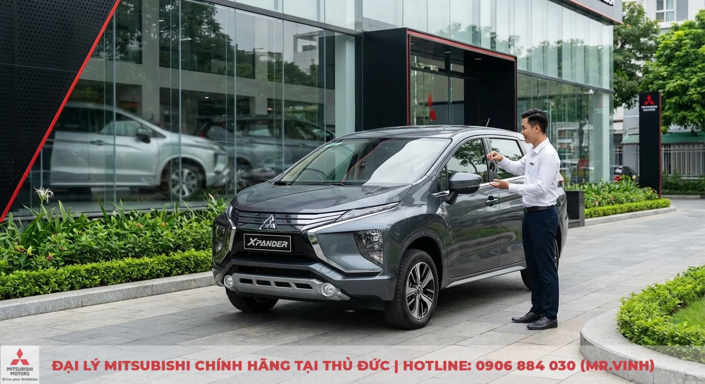 Nh&acirc;n vi&ecirc;n Mitsubishi Saigon 3S trao ch&igrave;a kh&oacute;a xe Xpander m&agrave;u x&aacute;m cho kh&aacute;ch h&agrave;ng tại showroom để l&aacute;i thử v&agrave; nhận ưu đ&atilde;i