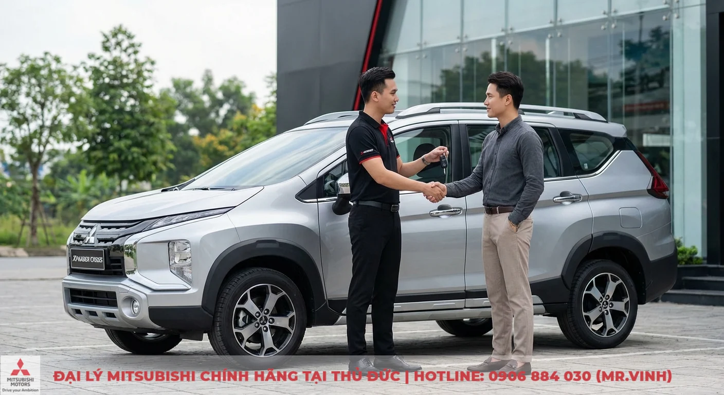 Kh&aacute;ch h&agrave;ng nhận ch&igrave;a kh&oacute;a Mitsubishi Xpander Cross bản hiện h&agrave;nh từ nh&acirc;n vi&ecirc;n để l&aacute;i thử v&agrave; trải nghiệm thực tế
