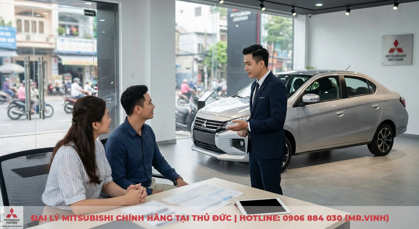 Mitsubishi Attrage 2026 ph&acirc;n kh&uacute;c B được nh&acirc;n vi&ecirc;n tư vấn cho kh&aacute;ch h&agrave;ng Việt Nam tại showroom, khẳng định vị thế xe