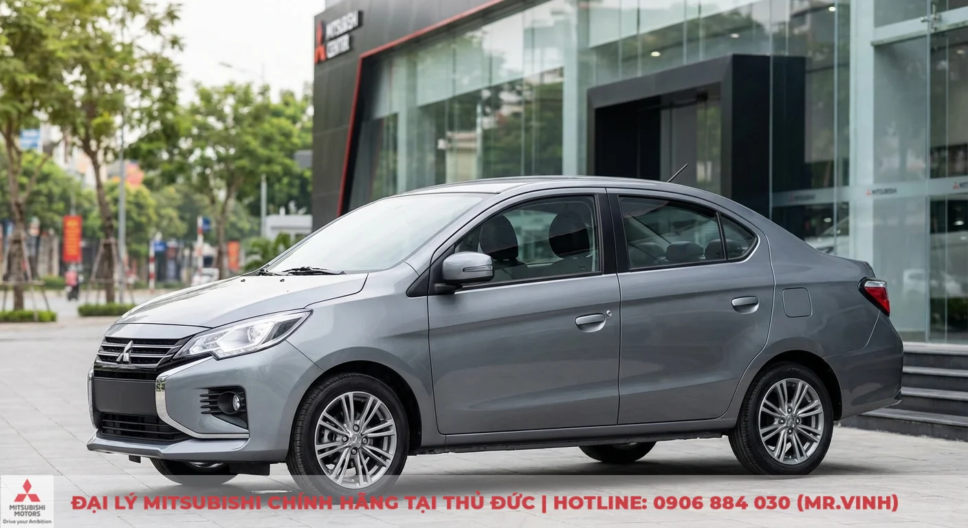 Thiết kế ngoại thất Mitsubishi Attrage 2026 dự đo&aacute;n với phong c&aacute;ch Dynamic Shield, th&acirc;n xe đường g&acirc;n sắc sảo v&agrave; m&acirc;m hợp kim đa chấu