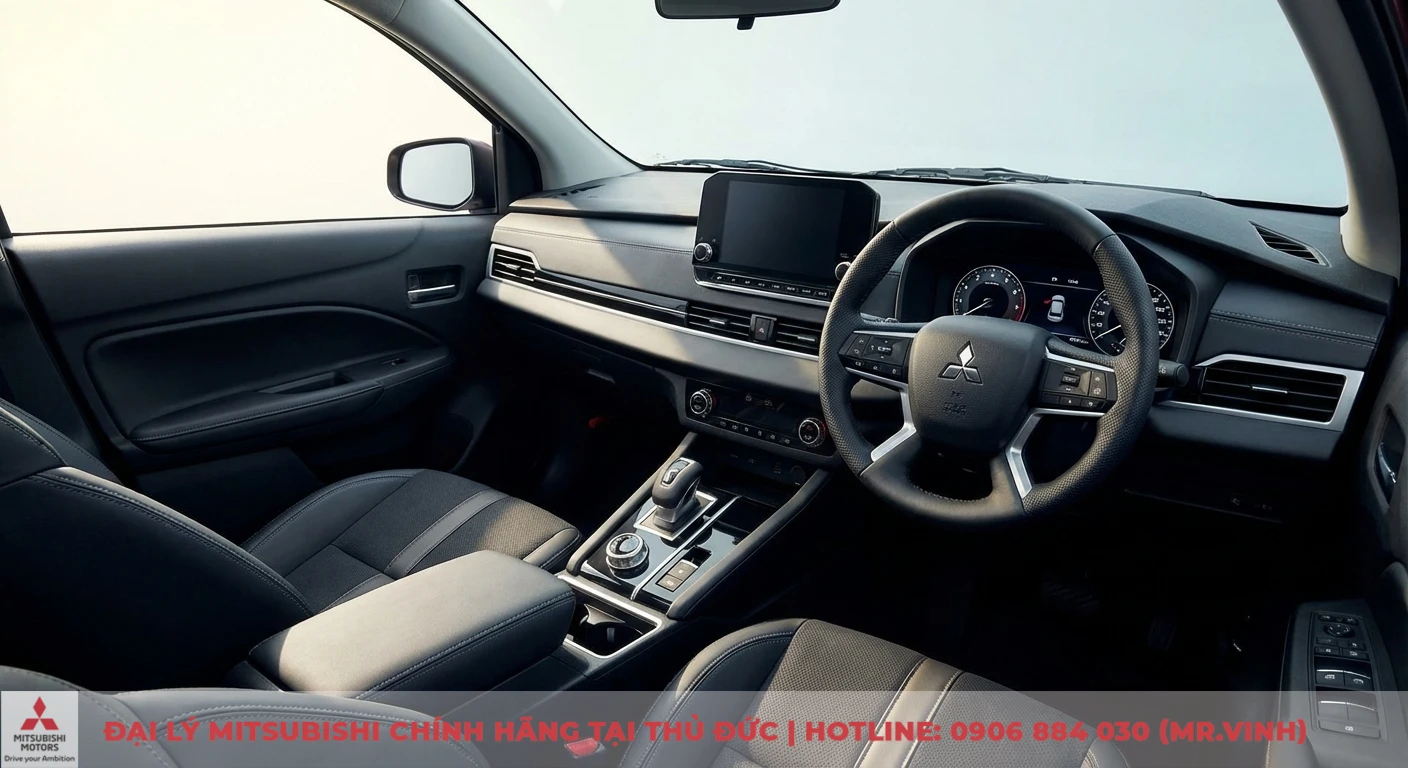 Nội thất Attrage 2026 hiện đại với m&agrave;n h&igrave;nh cảm ứng trung t&acirc;m, v&ocirc; lăng thể thao v&agrave; ghế bọc da cao cấp tiện nghi