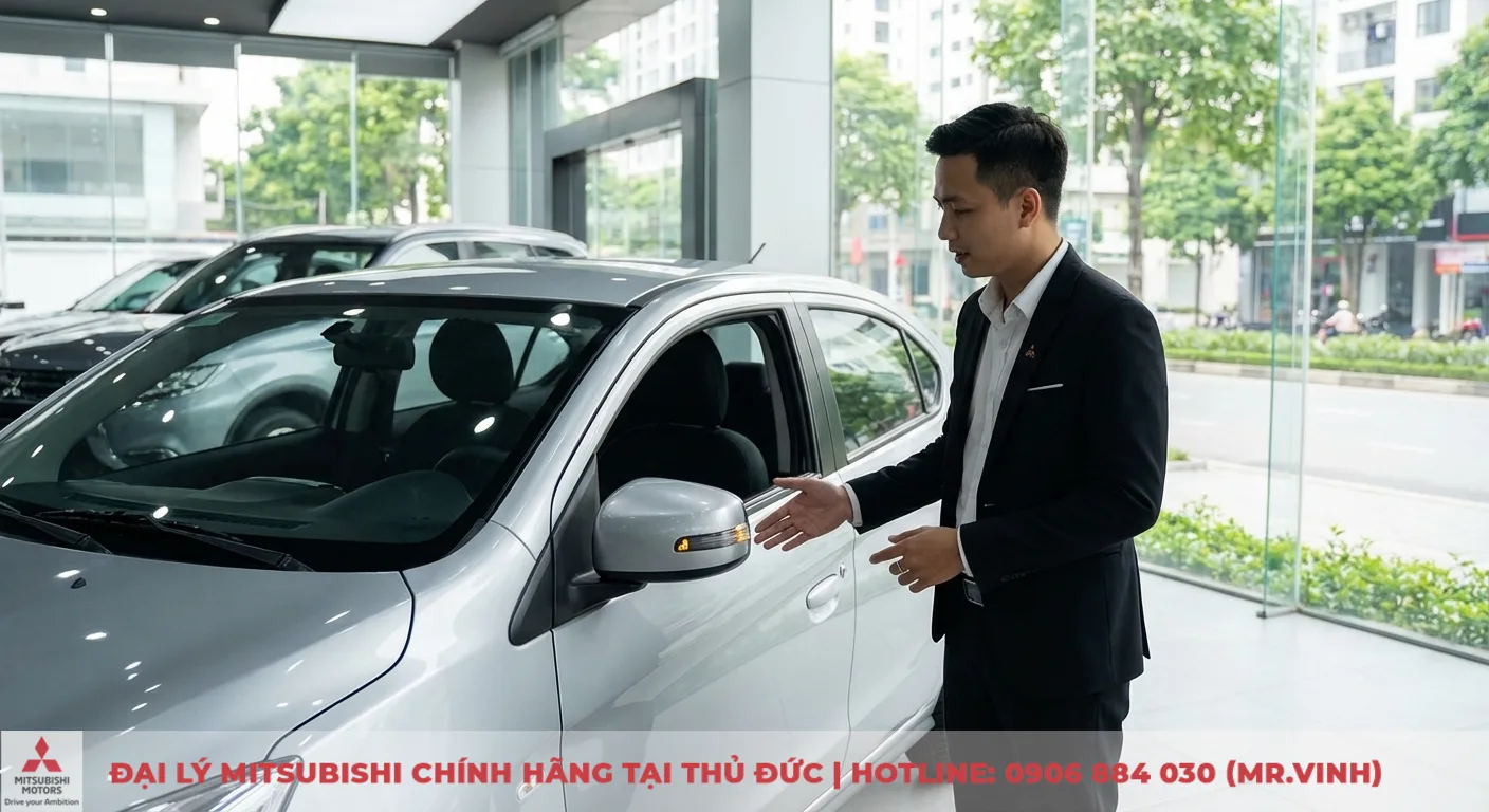 Mitsubishi Attrage 2026 m&agrave;u bạc trưng b&agrave;y, chuy&ecirc;n gia giới thiệu gương chiếu hậu t&iacute;ch hợp t&iacute;nh năng cảnh b&aacute;o điểm m&ugrave;