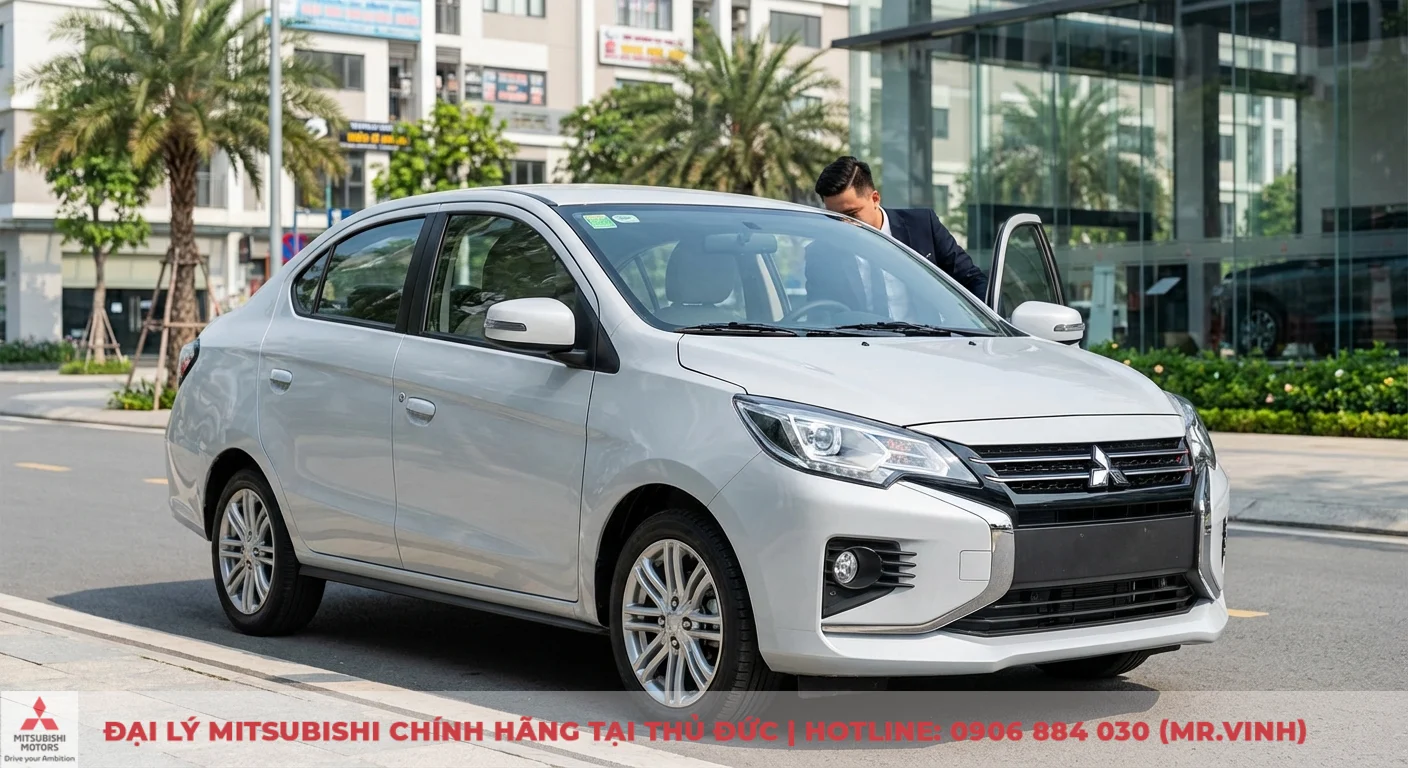 Mitsubishi Attrage 2026 m&agrave;u bạc đỗ tr&ecirc;n đường với thiết kế Dynamic Shield hiện đại, năng động v&agrave; nội thất tiện nghi