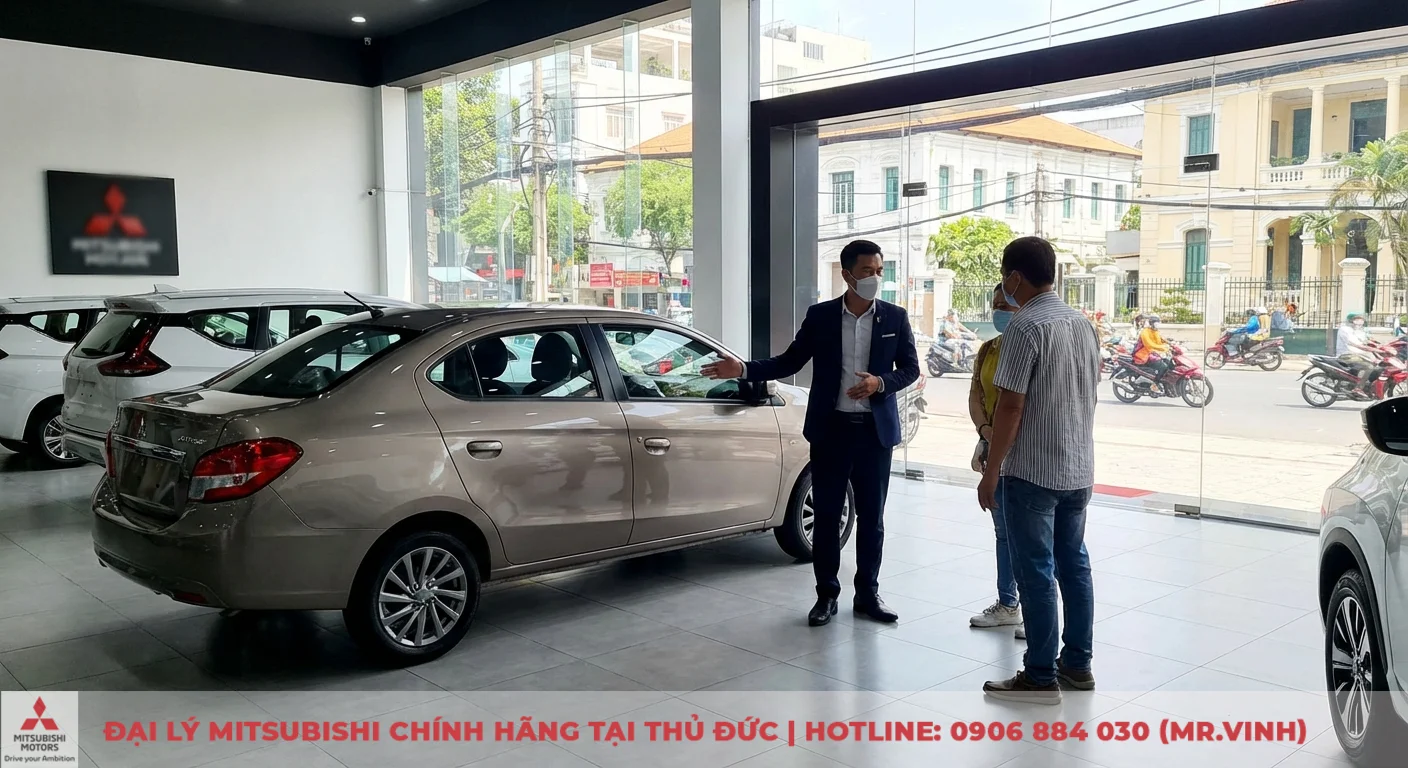 Mitsubishi Attrage tại đại l&yacute; TP.HCM, nh&acirc;n vi&ecirc;n đang tư vấn kh&aacute;ch h&agrave;ng tiềm năng về mẫu xe mới