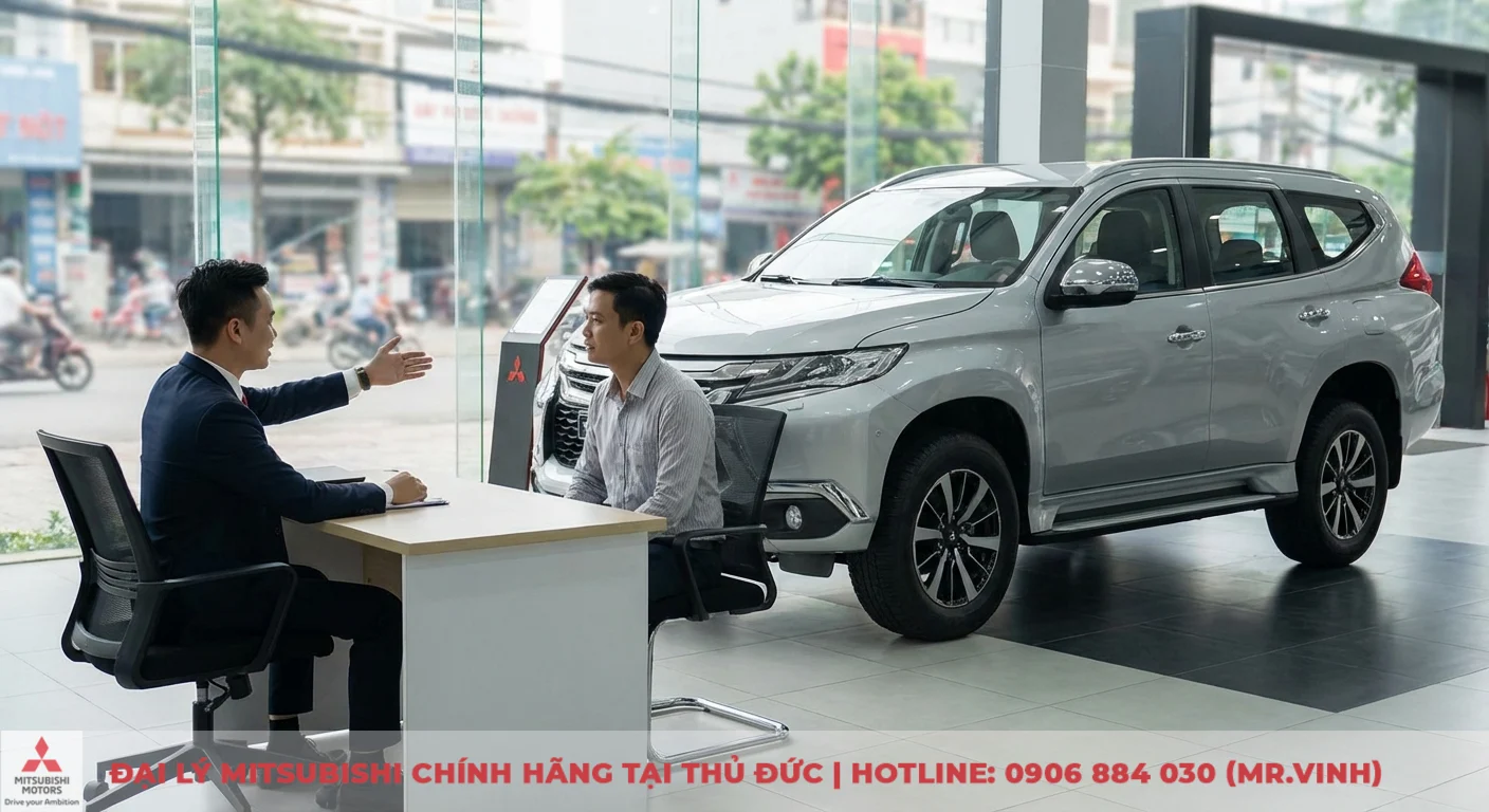Hai người đ&agrave;n &ocirc;ng tại b&agrave;n l&agrave;m việc trong showroom &ocirc; t&ocirc; Mitsubishi, với chiếc SUV bạc v&agrave; logo Mitsubishi