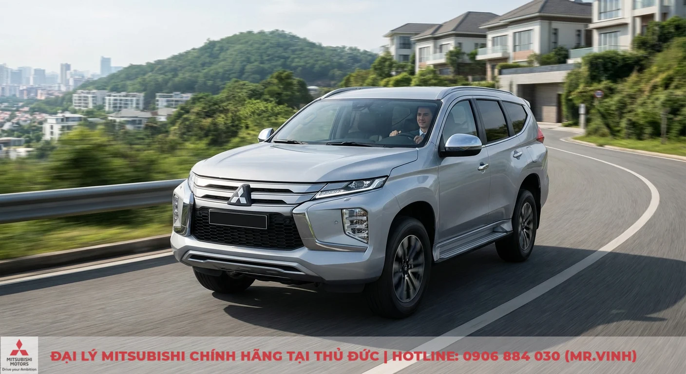 Chiếc SUV Mitsubishi m&agrave;u bạc đang vận h&agrave;nh tr&ecirc;n đường quanh co, t&agrave;i xế mỉm cười, ph&iacute;a xa l&agrave; th&agrave;nh phố v&agrave; những ng&ocirc;i nh&agrave; hiện đại