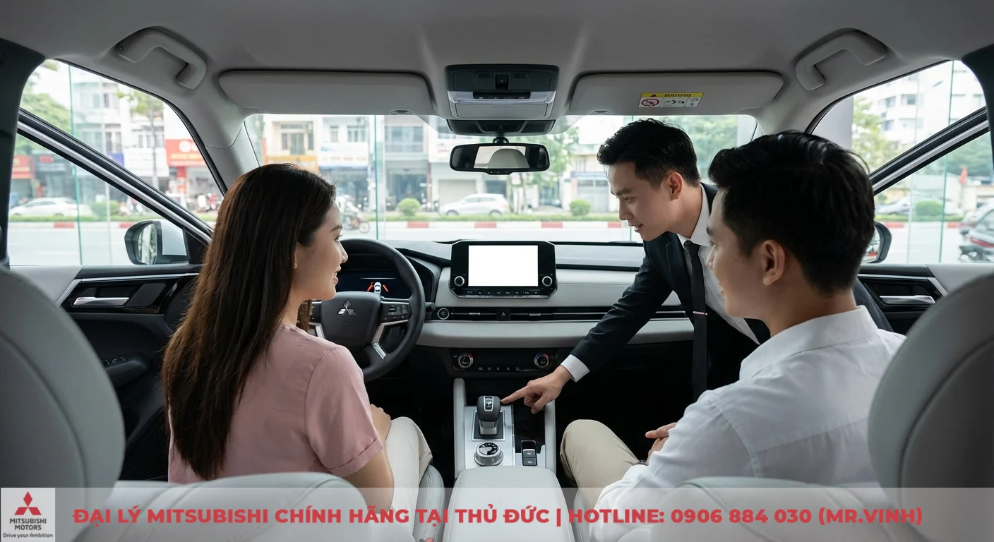 Nội thất xe Mitsubishi với người b&aacute;n h&agrave;ng đang chỉ dẫn cặp đ&ocirc;i kh&aacute;ch h&agrave;ng về c&aacute;c n&uacute;t điều khiển v&agrave; cần số tr&ecirc;n bảng trung t&acirc;m