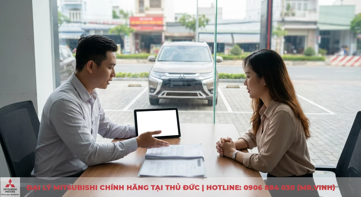 Hai người đang trao đổi về xe Mitsubishi SUV trước cửa k&iacute;nh, với m&aacute;y t&iacute;nh bảng v&agrave; giấy tờ tr&ecirc;n b&agrave;n, trong một buổi tư vấn mua xe trả g&oacute;p