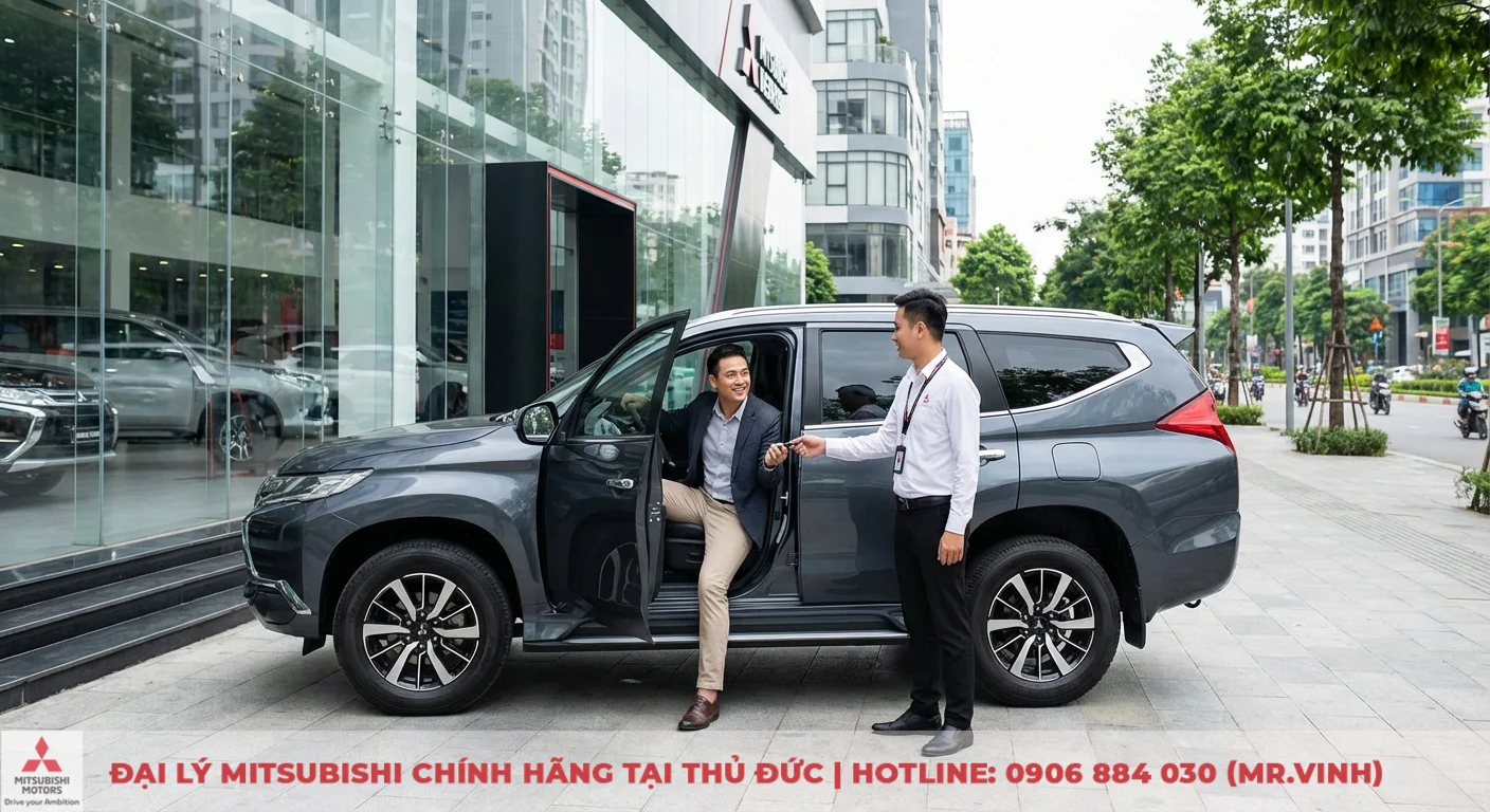 Người đ&agrave;n &ocirc;ng nhận ch&igrave;a kh&oacute;a xe Mitsubishi SUV m&agrave;u x&aacute;m từ nh&acirc;n vi&ecirc;n tại showroom Mitsubishi Motors để l&aacute;i thử