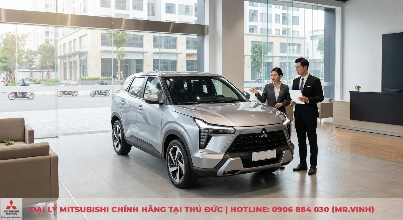 Mitsubishi Xforce 2026: Đánh giá chuyên sâu nội ngoại thất & vận hành 1 Mitsubishi Xforce 2026 màu bạc được trưng bày tại showroom hiện đại, nhân viên đang giới thiệu thiết kế và công nghệ