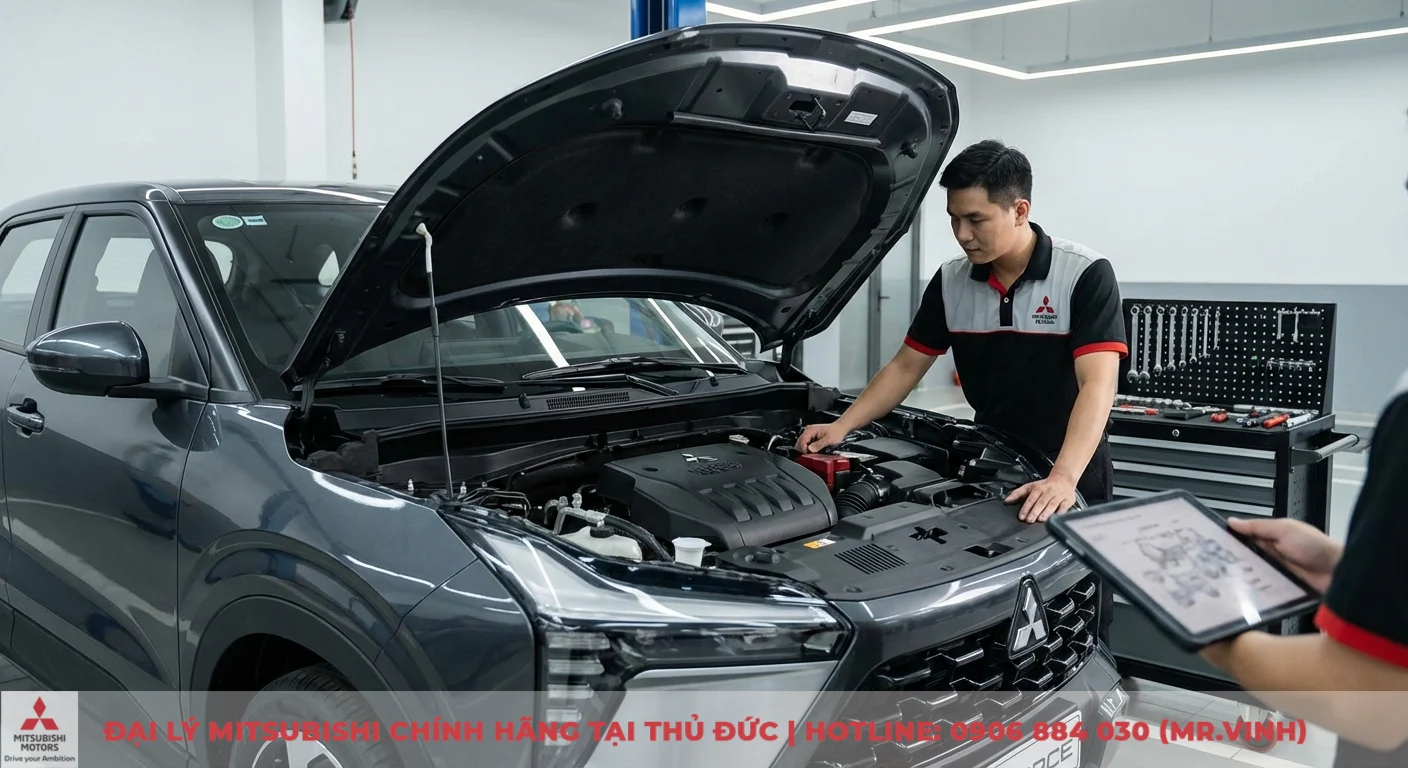 Mitsubishi Xforce 2026: Đánh giá chuyên sâu nội ngoại thất & vận hành 4 Kỹ thuật viên kiểm tra động cơ MIVEC của Mitsubishi Xforce, phân tích công nghệ động cơ để tối ưu hiệu suất vận hành