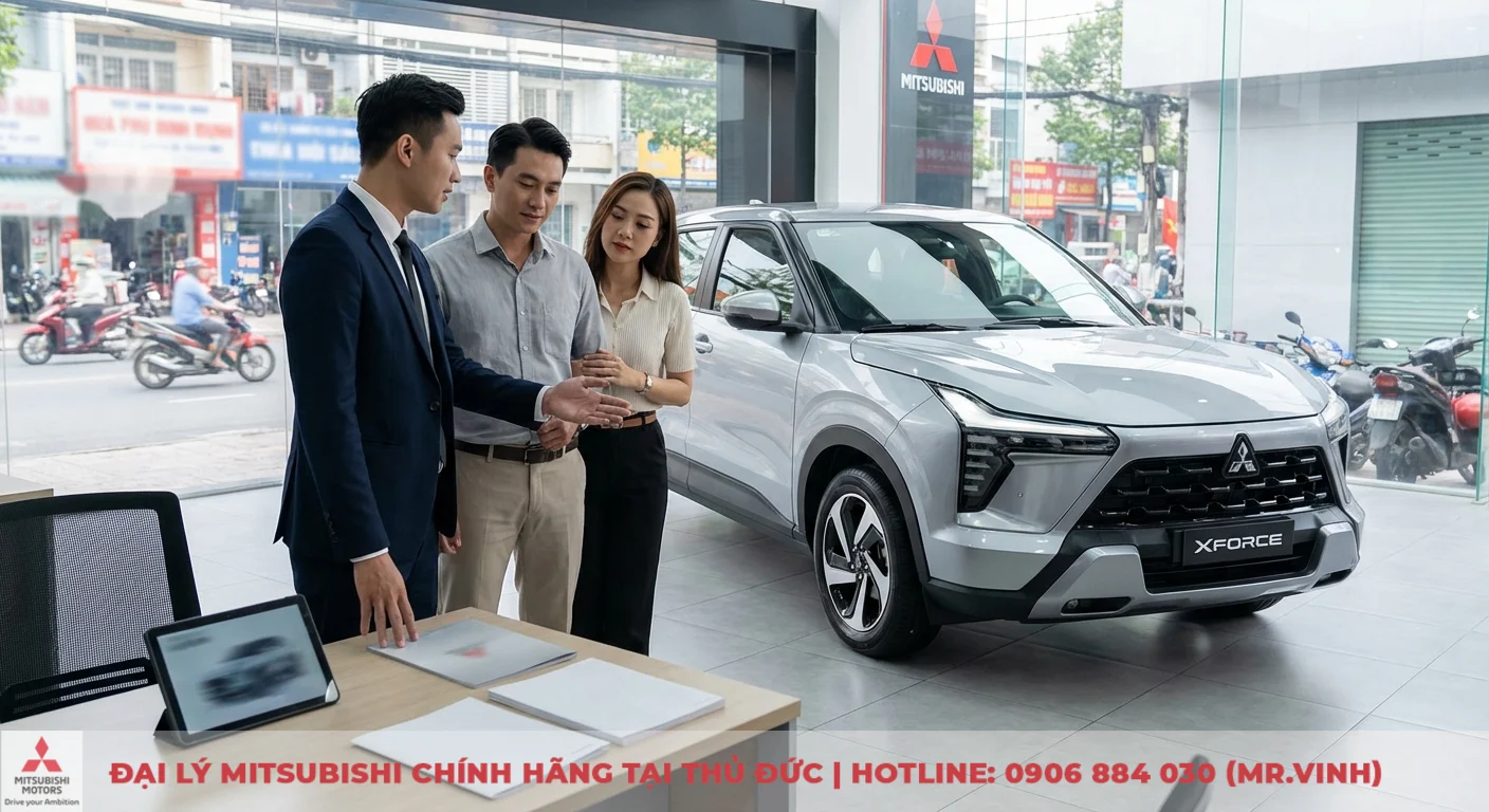 Mitsubishi Xforce 2026: Đánh giá chuyên sâu nội ngoại thất & vận hành 6 Mitsubishi Xforce 2026 màu bạc với thiết kế hiện đại, đang được nhân viên tư vấn ưu nhược điểm cho cặp đôi khách hàng tại showroom