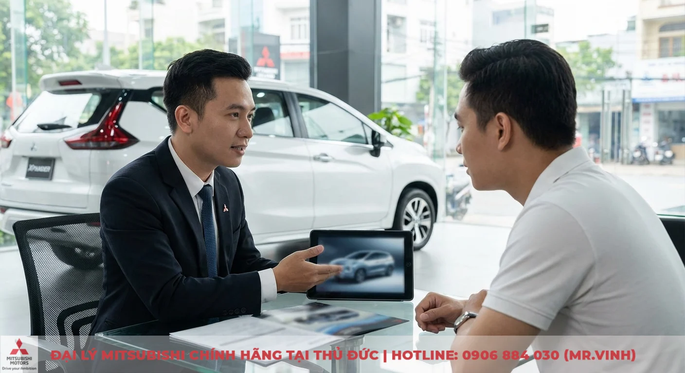 Đánh giá Xpander 2026: Ưu nhược điểm, thông số kỹ thuật và có đáng mua? 1 Tư vấn viên giới thiệu Mitsubishi Xpander 2026 bằng máy tính bảng, thảo luận kỳ vọng và giá dự kiến với khách hàng