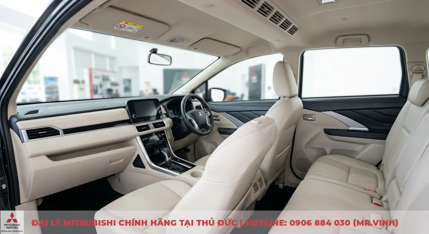 Đánh giá Xpander 2026: Ưu nhược điểm, thông số kỹ thuật và có đáng mua? 2 Nội thất Xpander 2026 hiện đại với bảng taplo tối giản, màn hình cảm ứng, ghế da màu kem rộng rãi và tiện nghi