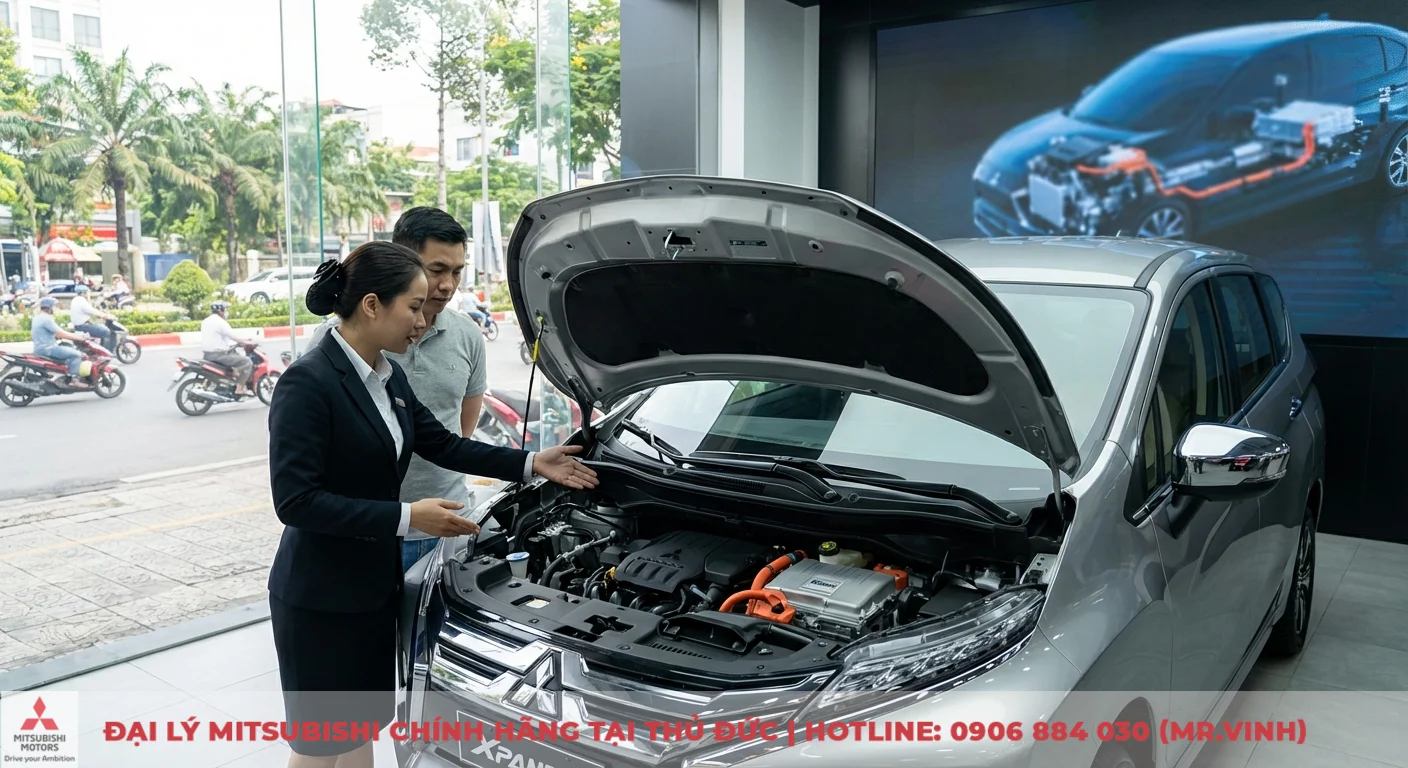 Đánh giá Xpander 2026: Ưu nhược điểm, thông số kỹ thuật và có đáng mua? 3 Động cơ hybrid Mitsubishi Xpander 2026 khoang máy mở, dây điện cam nổi bật, giải thích khả năng vận hành