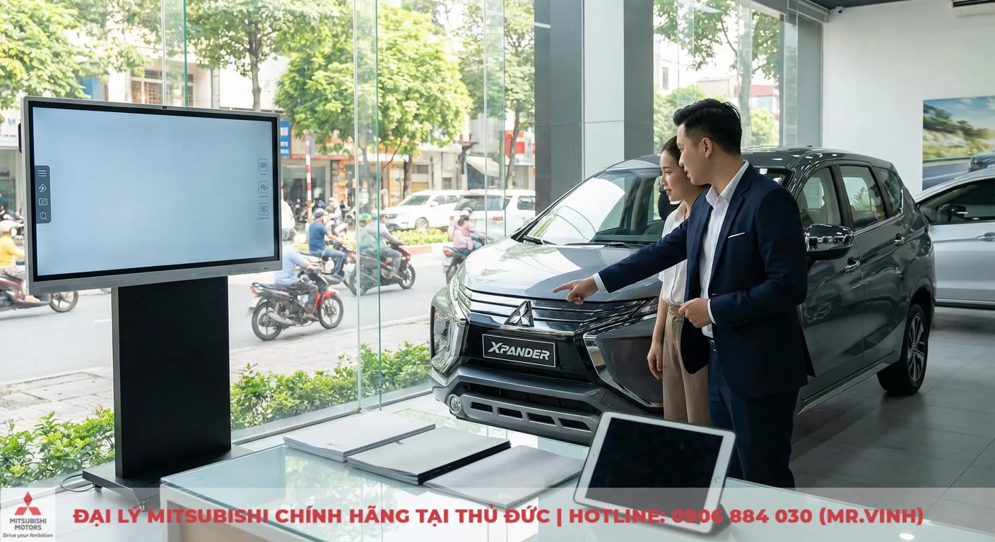 Đánh giá Xpander 2026: Ưu nhược điểm, thông số kỹ thuật và có đáng mua? 5 Mitsubishi Xpander 2026 được nhân viên bán hàng giới thiệu chi tiết ưu nhược điểm cho khách tại showroom