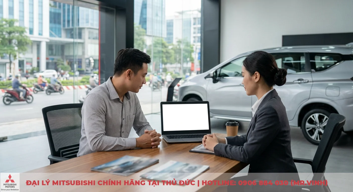 Đánh giá Xpander 2026: Ưu nhược điểm, thông số kỹ thuật và có đáng mua? 7 Khách hàng và tư vấn viên thảo luận về việc sở hữu Mitsubishi Xpander 2026 trong showroom với xe trưng bày