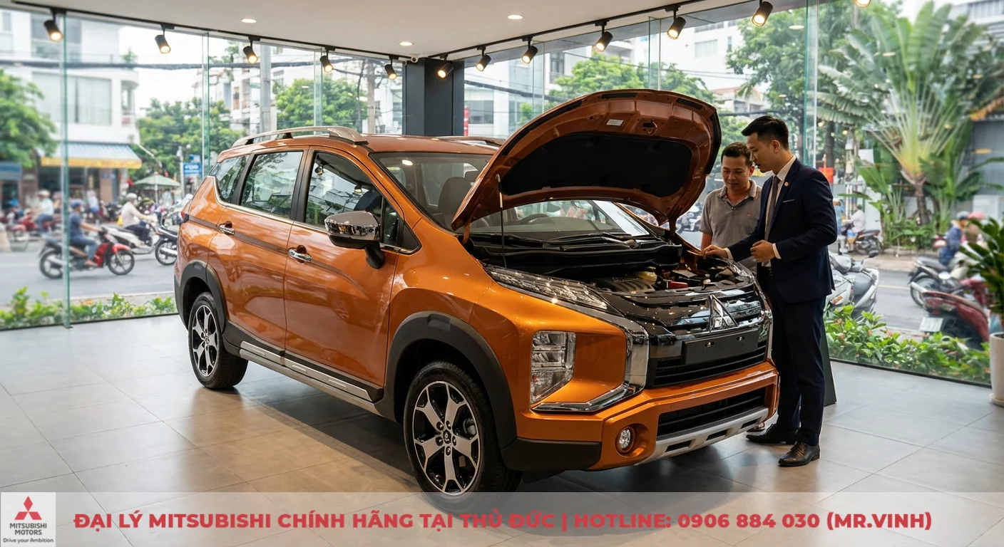 Khoang động cơ MIVEC của Xpander Cross 2026 mở, nh&acirc;n vi&ecirc;n tư vấn chi tiết về hiệu suất v&agrave; khả năng vận h&agrave;nh