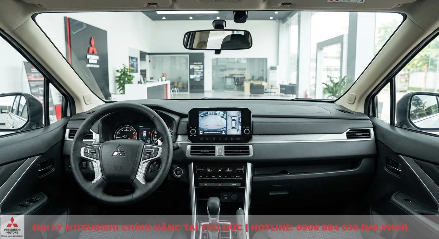 Nội thất Xpander Cross 2026 hiển thị camera 360 độ tr&ecirc;n m&agrave;n h&igrave;nh trung t&acirc;m, một t&iacute;nh năng an to&agrave;n quan trọng