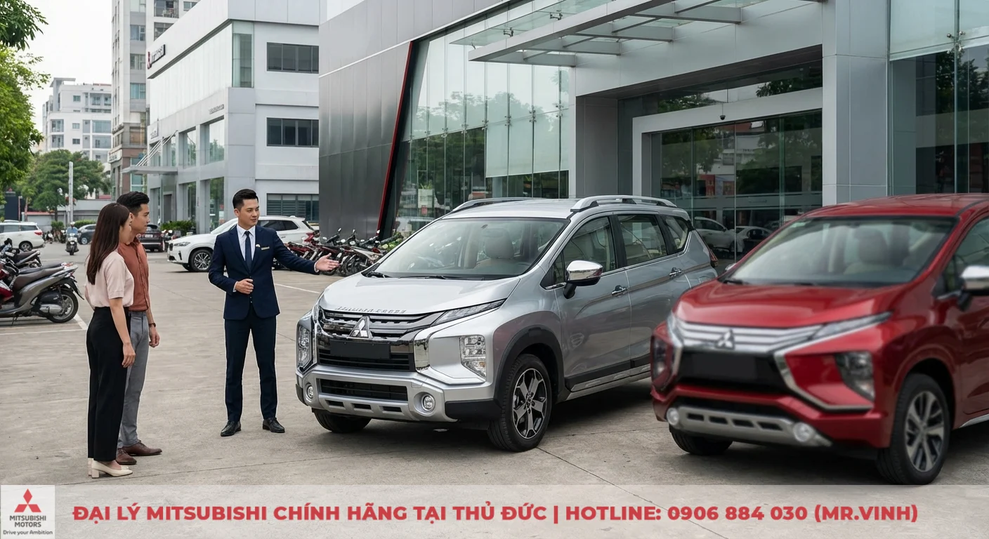 Xpander Cross 2026 mẫu xe 7 chỗ gầm cao đang được nh&acirc;n vi&ecirc;n tư vấn v&agrave; giới thiệu cho kh&aacute;ch h&agrave;ng tại đại l&yacute;