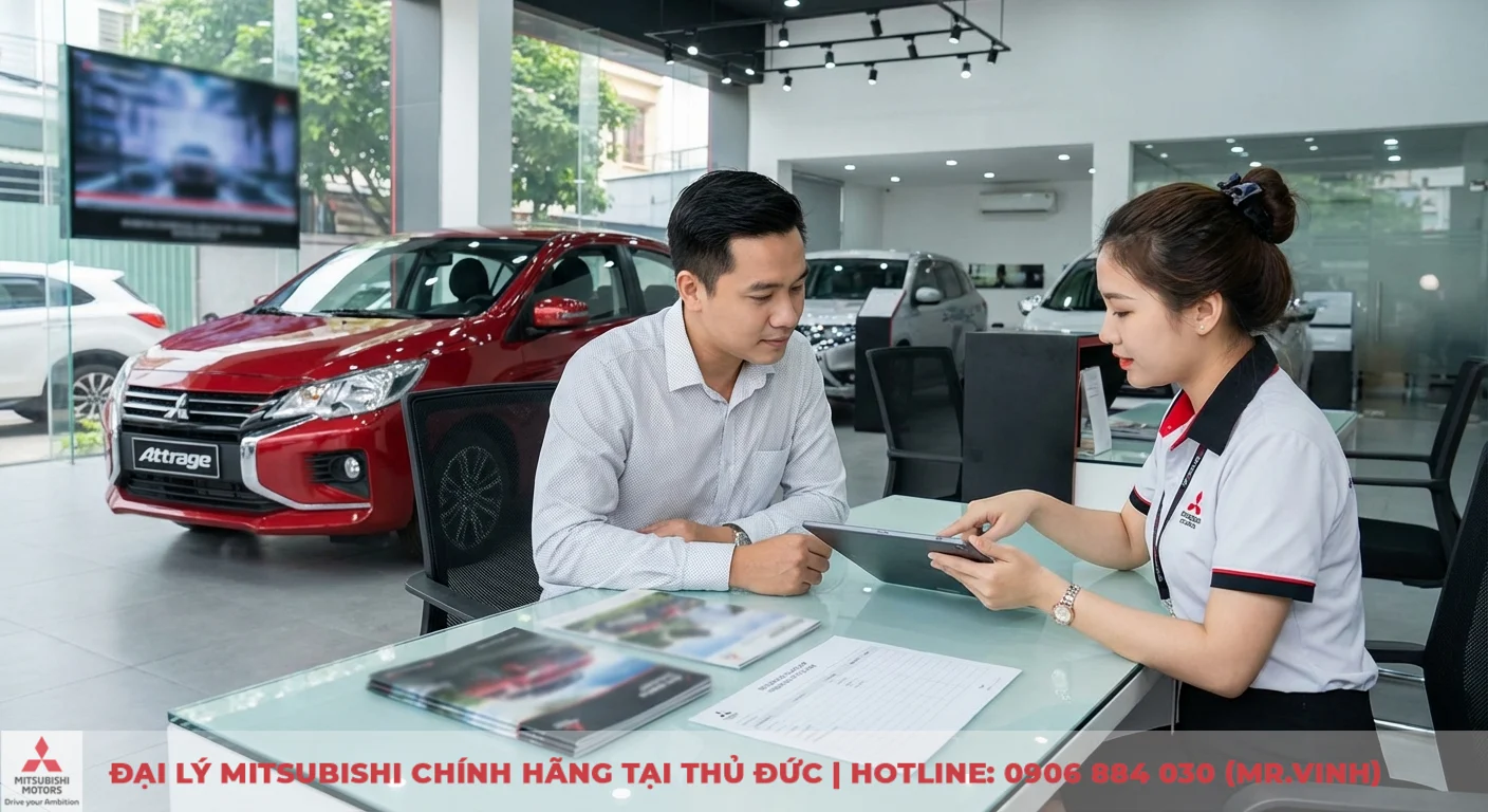 Đặt cọc Mitsubishi Attrage 2026: Thủ tục, quy trình & thời gian nhận xe 1 Khách hàng được nhân viên Mitsubishi Saigon 3S tư vấn về Mitsubishi Attrage 2026 tại showroom với mẫu xe Attrage màu đỏ nổi bật