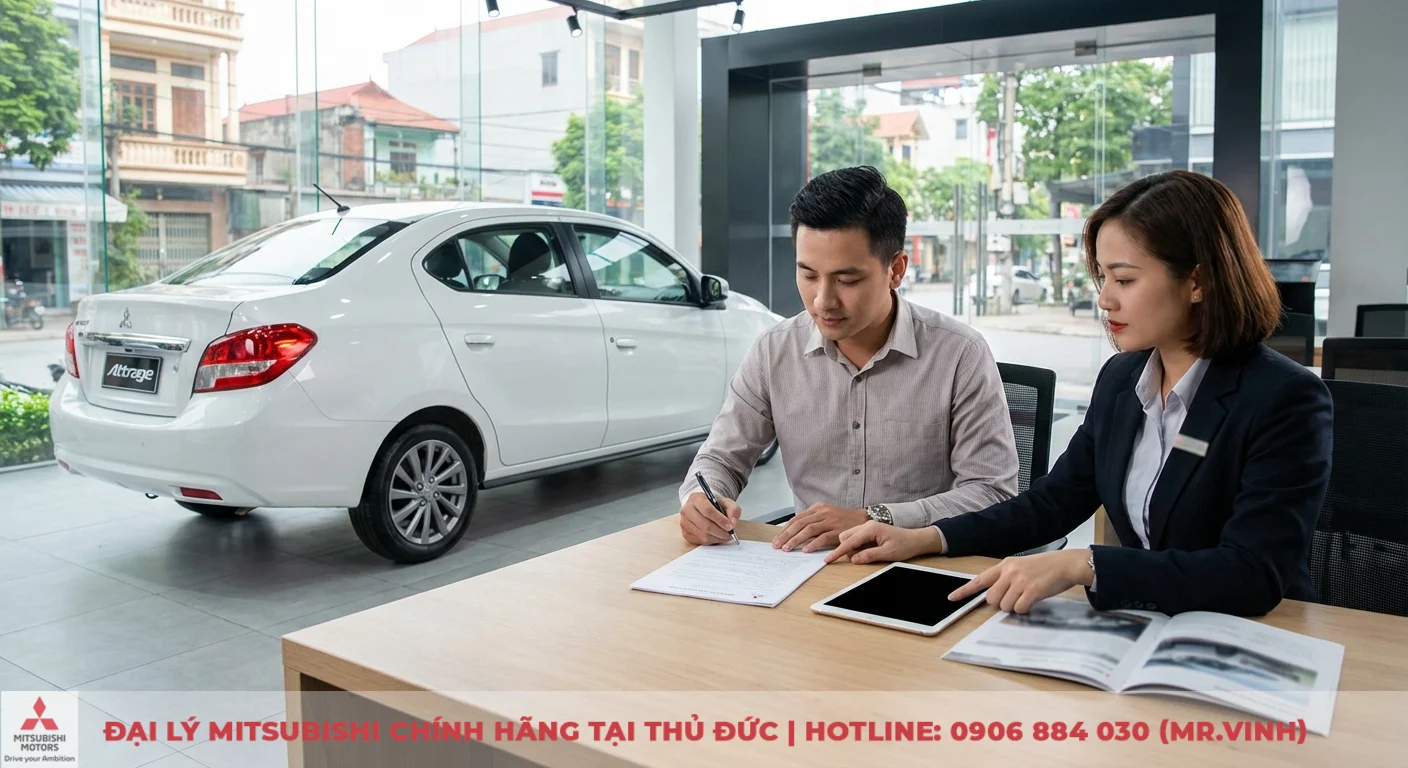 Đặt cọc Mitsubishi Attrage 2026: Thủ tục, quy trình & thời gian nhận xe 2 Quy trình đặt cọc Mitsubishi Attrage 2026: Khách hàng đang ký hợp đồng tại Mitsubishi Saigon 3S