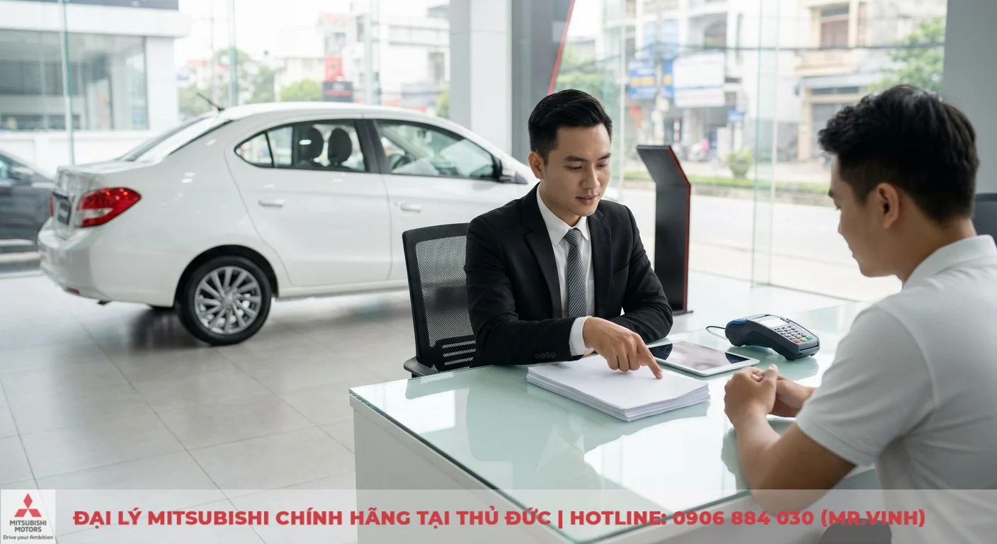 Đặt cọc Mitsubishi Attrage 2026: Thủ tục, quy trình & thời gian nhận xe 3 Nhân viên tư vấn giải thích chi phí đặt cọc và các điều khoản quan trọng trong hợp đồng mua xe ô tô cho khách hàng