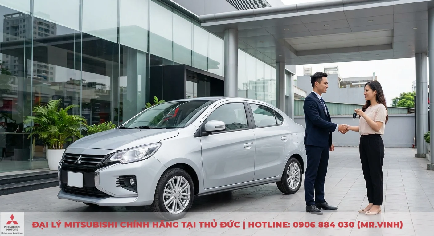 Đặt cọc Mitsubishi Attrage 2026: Thủ tục, quy trình & thời gian nhận xe 4 Khách hàng nhận bàn giao xe Mitsubishi Attrage 2026 từ nhân viên đại lý, minh họa quy trình giao xe