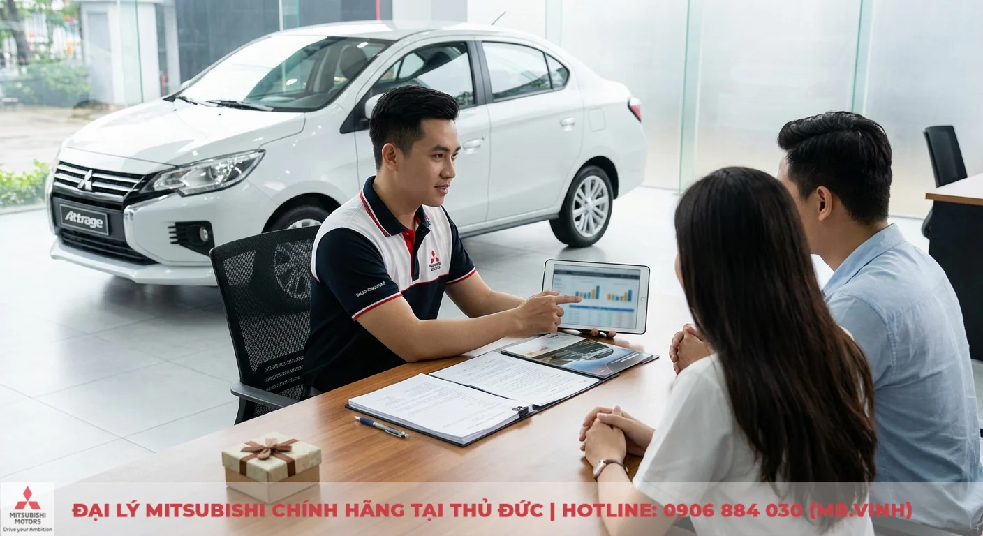 Đặt cọc Mitsubishi Attrage 2026: Thủ tục, quy trình & thời gian nhận xe 5 Nhân viên Mitsubishi tư vấn cặp đôi về Attrage 2026, giải thích gói hỗ trợ tài chính và ưu đãi độc quyền khi đặt cọc tại TP.HCM