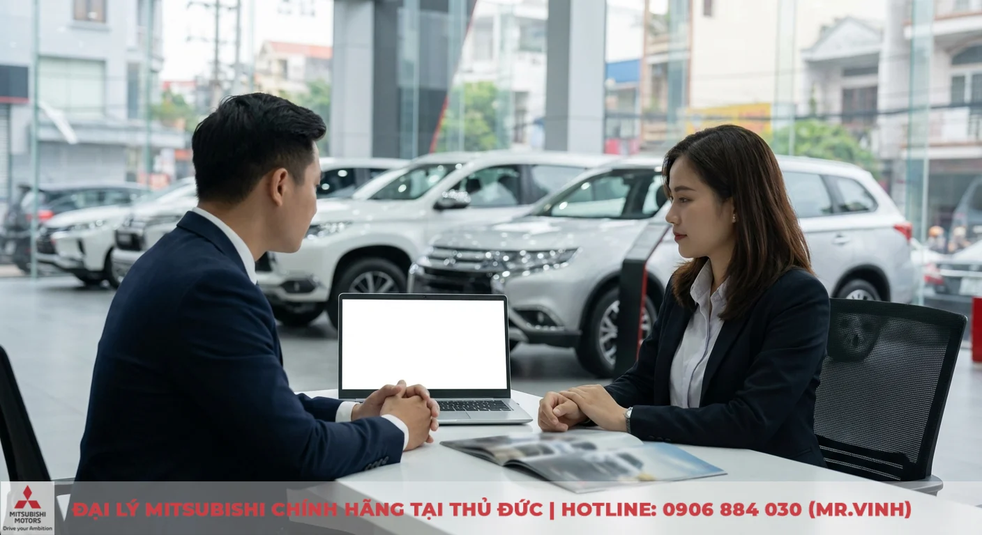Đặt cọc Mitsubishi Destinator 2026: Thông tin mới & quy trình mua xe 1 Hai người đang ngồi tại bàn làm việc trong showroom ô tô, với một laptop màn hình trắng và tài liệu đặt trên bàn, phía sau là nhiều xe hơi trắng