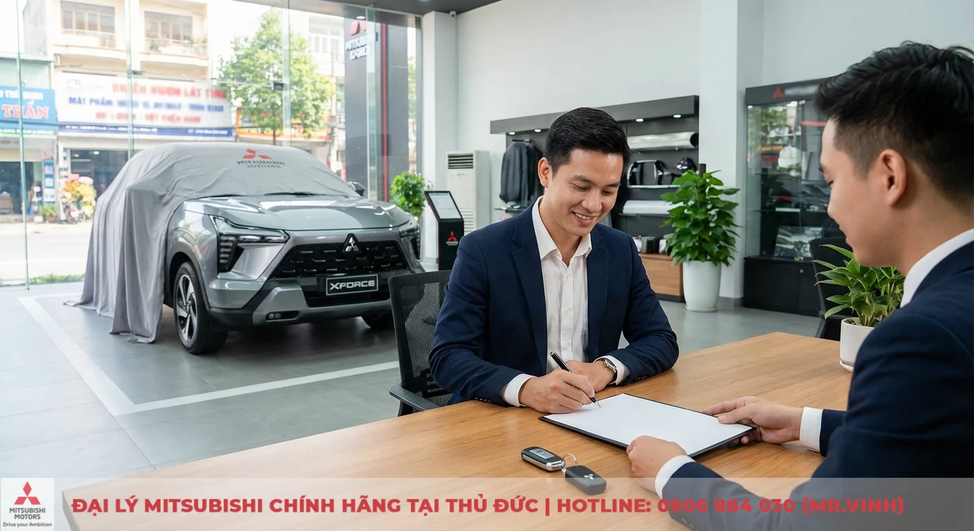 Đặt cọc Mitsubishi Destinator 2026: Thông tin mới & quy trình mua xe 2 Hai người đàn ông mặc vest ký giấy tờ mua xe Mitsubishi Xforce mới tại showroom, chìa khóa xe trên bàn