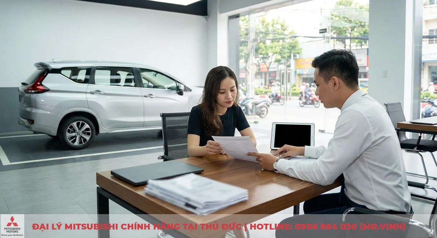 Đặt cọc Mitsubishi Destinator 2026: Thông tin mới & quy trình mua xe 4 Hai người tại bàn trong showroom ô tô, người phụ nữ xem giấy tờ và người đàn ông chỉ vào tài liệu, với một chiếc xe bạc ở hậu cảnh
