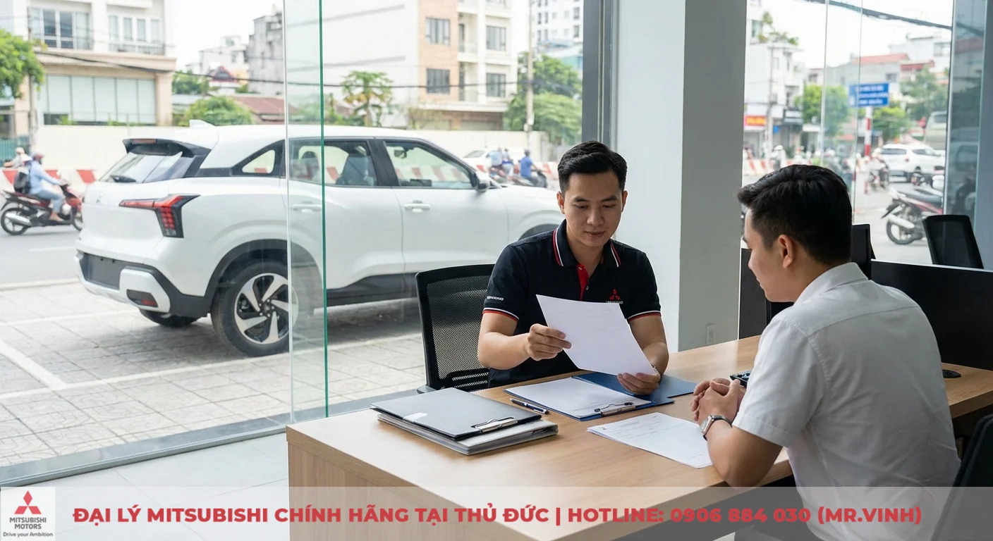 Đặt cọc Mitsubishi Xforce 2026: Ưu đãi độc quyền & thủ tục giao xe 2 Nhân viên Mitsubishi tư vấn thủ tục mua xe và quy trình đặt cọc Mitsubishi Xforce 2026 cho khách hàng tại showroom