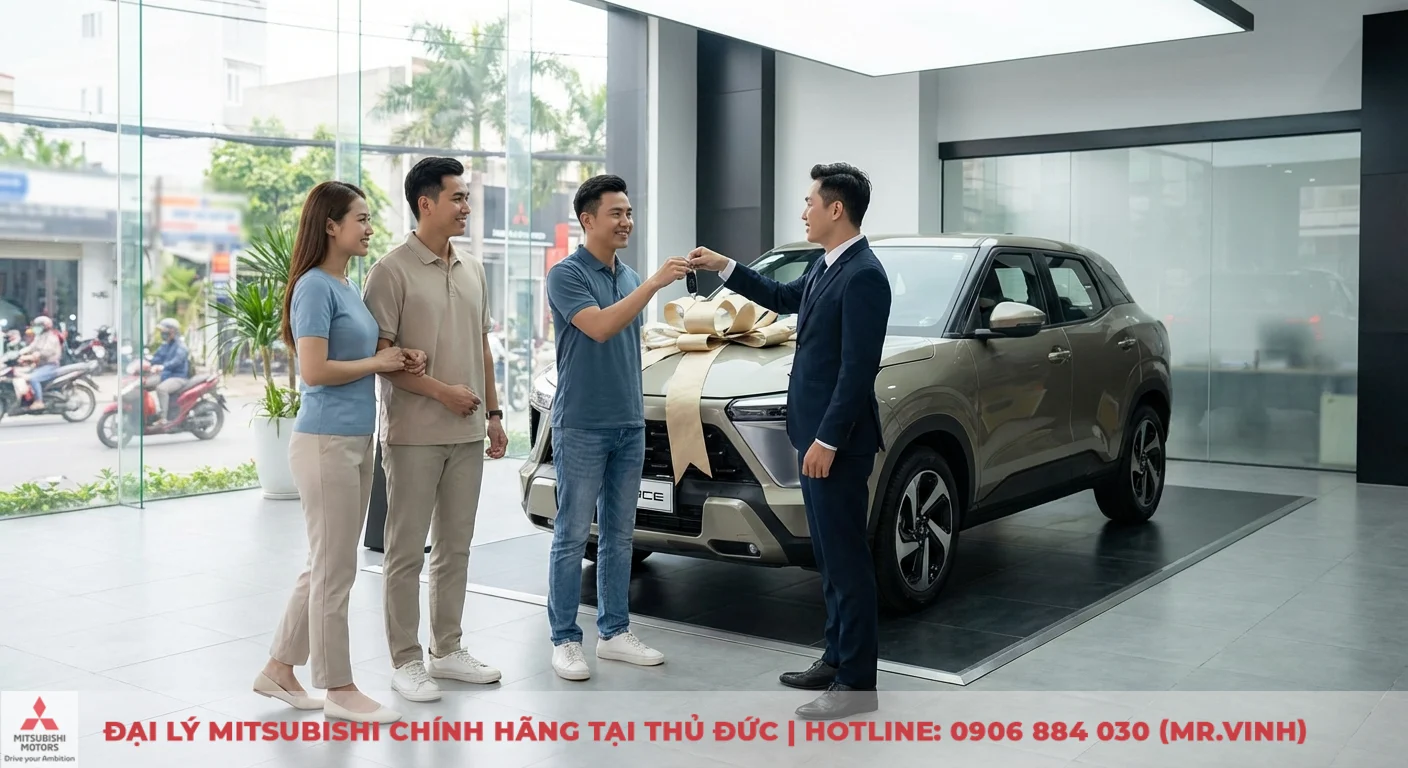 Đặt cọc Mitsubishi Xforce 2026: Ưu đãi độc quyền & thủ tục giao xe 3 Giao xe Mitsubishi Xforce cho khách hàng tại đại lý, nhân viên trao chìa khóa xe mới cho người mua