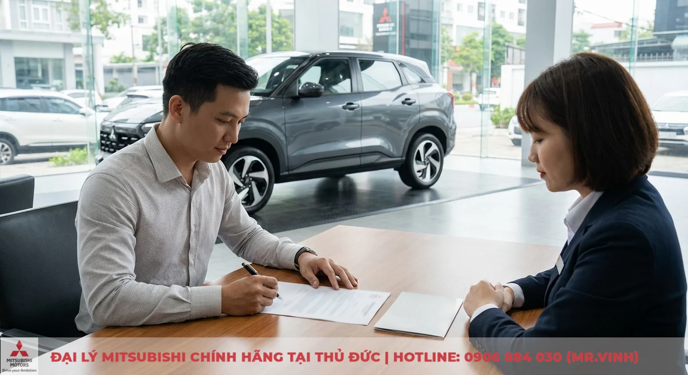 Đặt cọc Mitsubishi Xforce 2026: Ưu đãi độc quyền & thủ tục giao xe 4 Khách hàng và nhân viên tư vấn đang ký hợp đồng đặt cọc xe Mitsubishi Xforce, bao gồm các điều khoản và chính sách hủy cọc