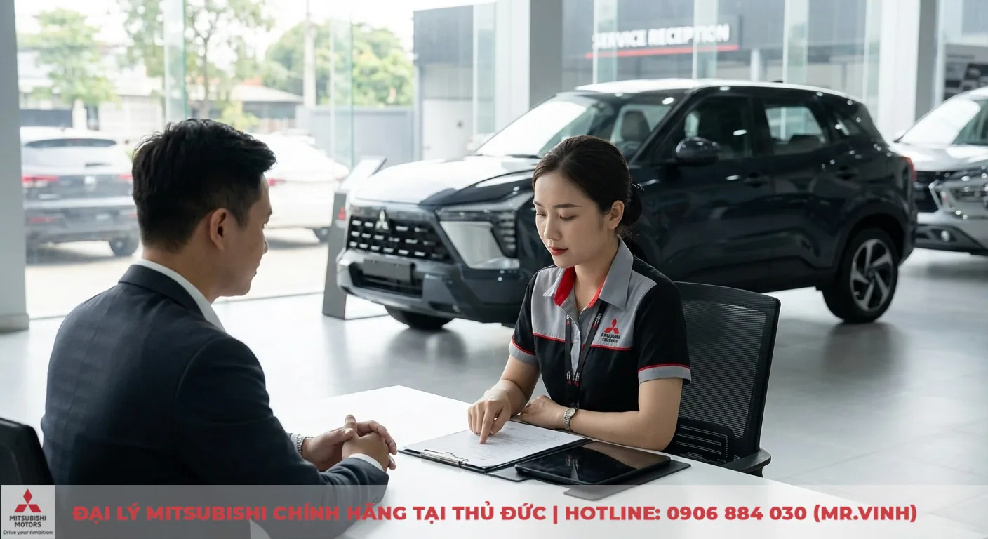 Đặt cọc Mitsubishi Xforce 2026: Ưu đãi độc quyền & thủ tục giao xe 6 Khách hàng Mitsubishi Saigon 3S đang được nhân viên tư vấn về các bước nhận xe Xforce 2026 sau đặt cọc