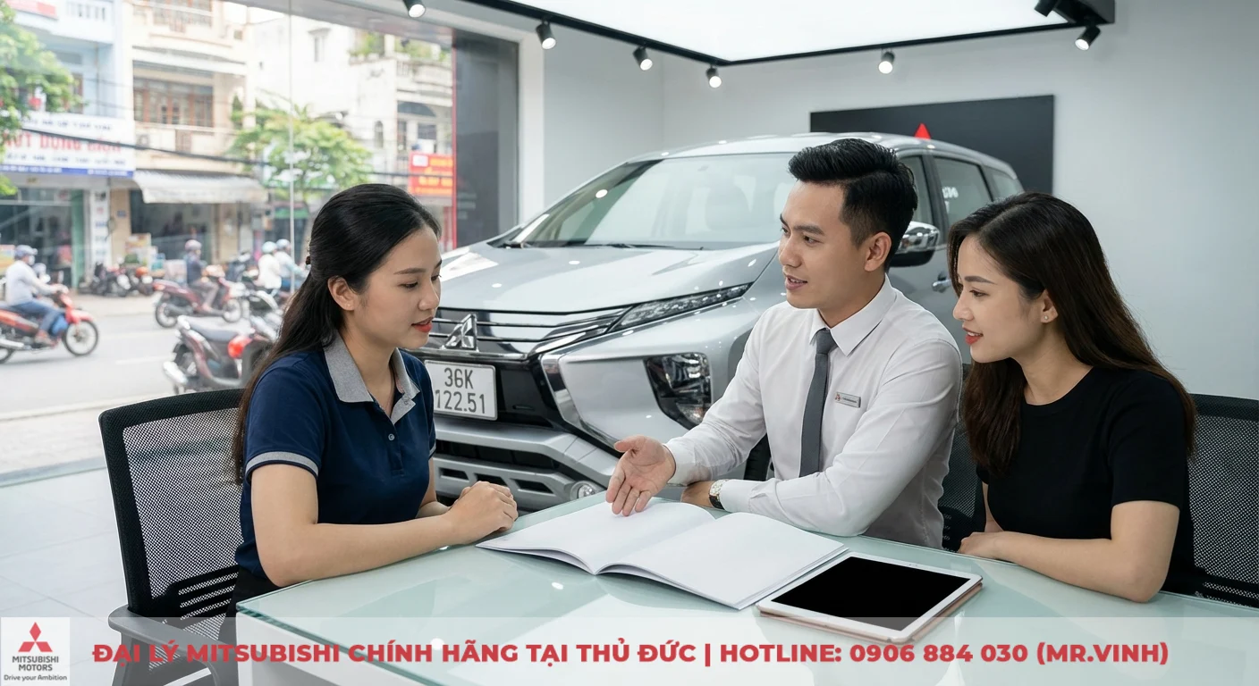 Đặt cọc Mitsubishi Xpander 2026: Cập nhật thông tin, ưu đãi sớm 1 Khách hàng cùng nhân viên tư vấn thảo luận về thông tin và dự đoán Mitsubishi Xpander 2026 tại showroom