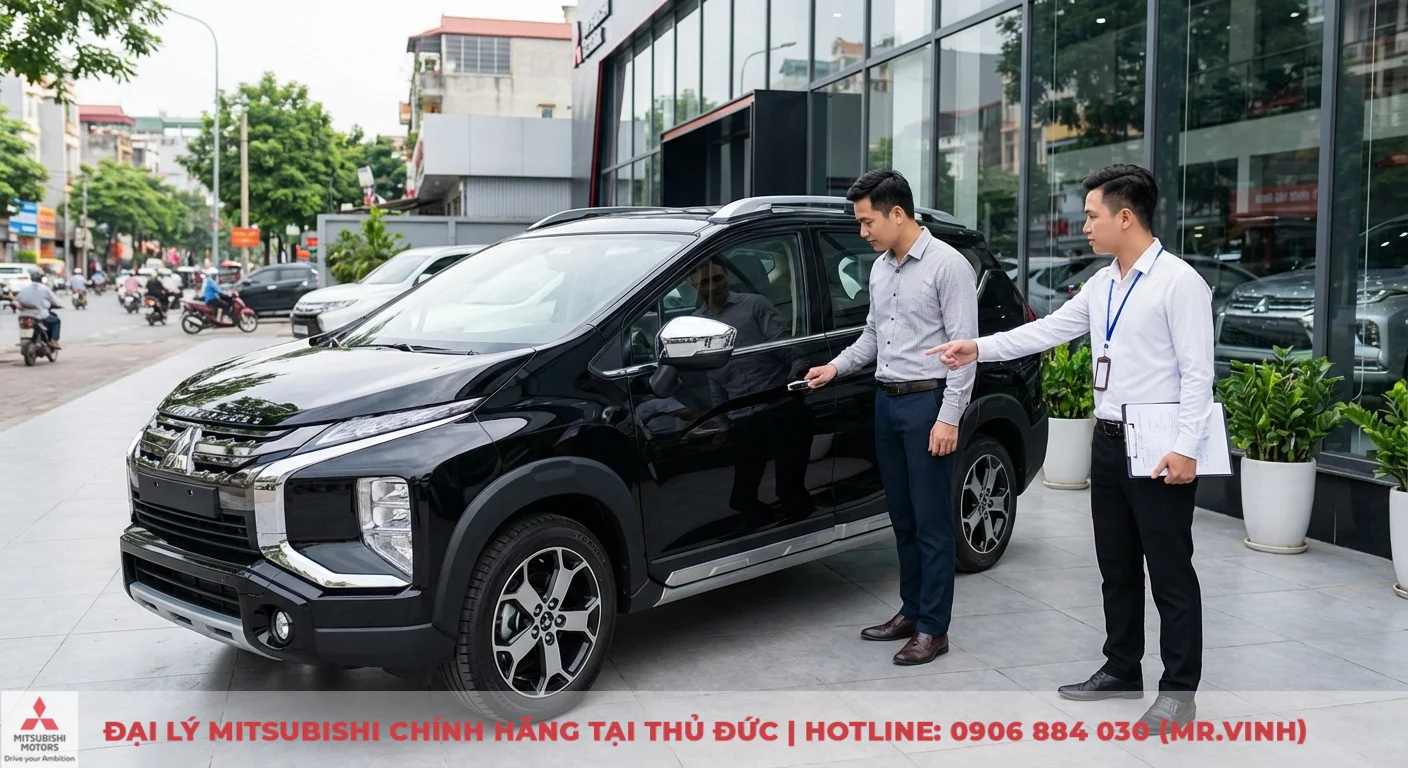 Kh&aacute;ch h&agrave;ng kiểm tra v&agrave; nhận xe Mitsubishi Xpander Cross 2026 mới tại Saigon 3S sau quy tr&igrave;nh đặt cọc