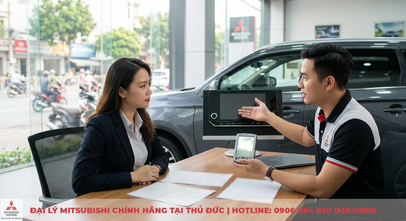 Destinator 2026 có gì mới – công nghệ định vị trên xe Mitsubishi 1 Người tư vấn bán hàng Mitsubishi giới thiệu màn hình giải trí xe và thiết bị cầm tay cho khách hàng nữ tại đại lý ô tô, có xe SUV