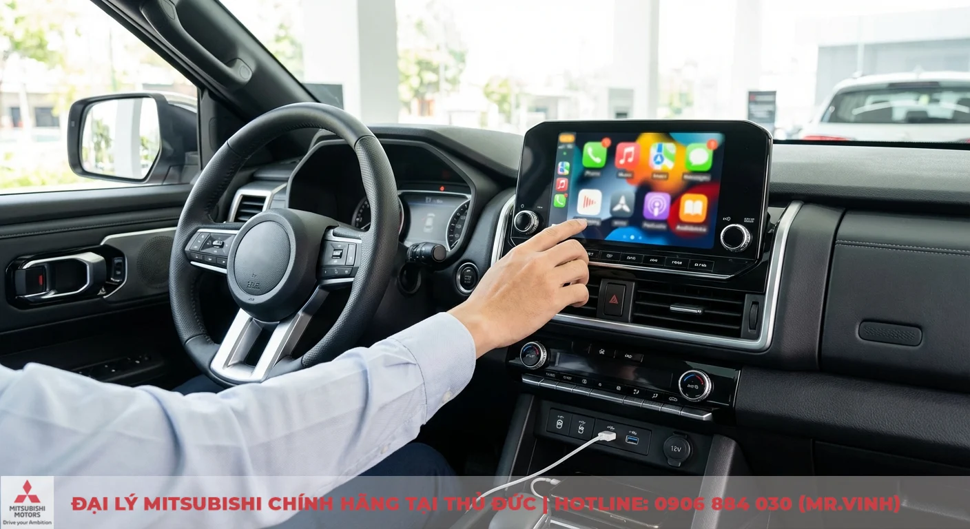 Destinator 2026 có gì mới – công nghệ định vị trên xe Mitsubishi 2 Người điều khiển chạm vào màn hình cảm ứng ô tô lớn hiển thị Apple CarPlay, cạnh vô lăng, cổng sạc USB và 12V với điện thoại đang sạc