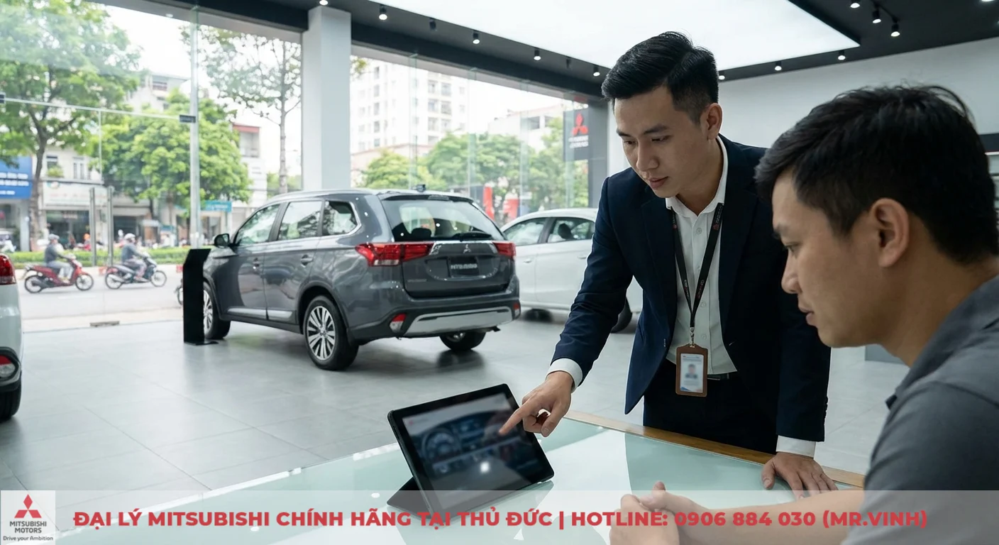 Destinator 2026 có gì mới – công nghệ định vị trên xe Mitsubishi 3 Nhân viên đại lý Mitsubishi dùng máy tính bảng giới thiệu công nghệ xe Outlander cho khách hàng, phía sau là showroom trưng bày ô tô